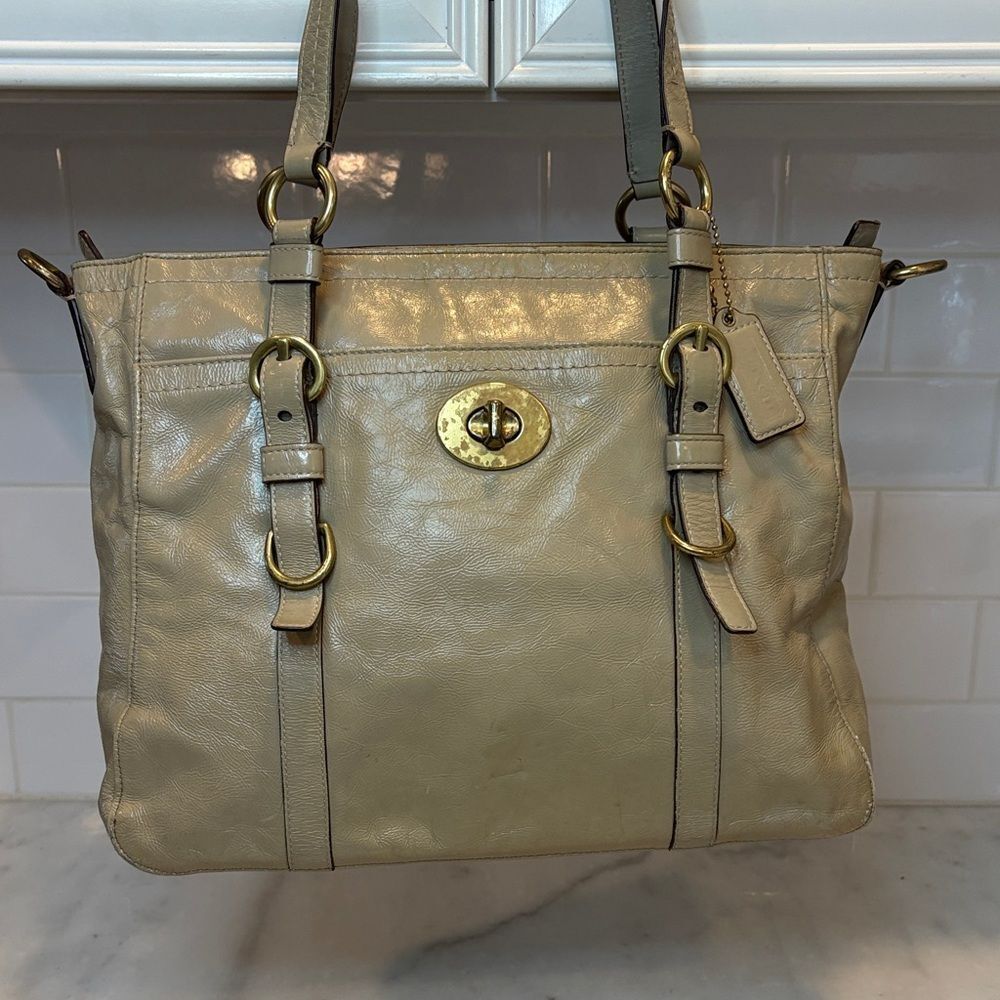 Coach Bag Purse Handbag Leather Chelsea Taupe Patent Convertible Tote Satchel - Picture 2 of 16